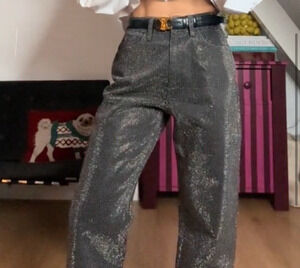 Zara Pants Womens Size 2 Straight Cut Rhinestone Jeans Black Festival Going Out